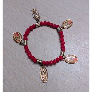 Religious Red Beaded Five Madonna Charms Stretch Bracelet